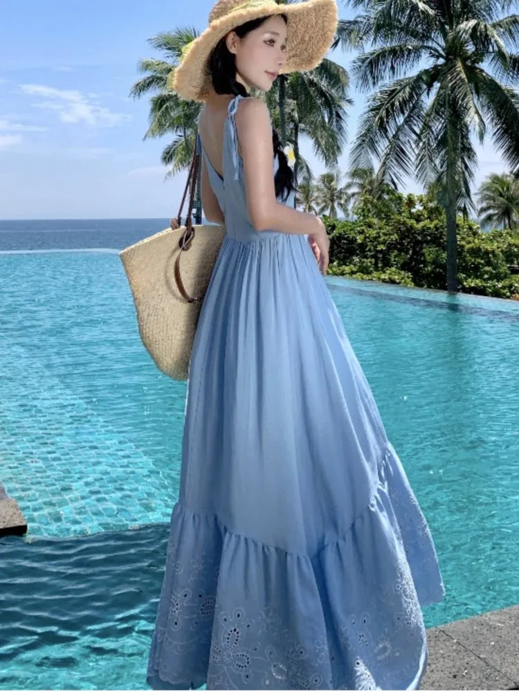 LBSFY -Sky Blue Summer Elegant Fashion Bohemain Style Dresses For Woman V-Neck Lace-Up Backless Sleeveless Sling Dress Beach Vacation