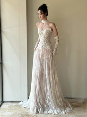 LBSFY -Strapless Wedding Dresses Sleeveless Luxury Lace Wedding Gown With Court Train Claccis A-line Brides Wedding Dresses Customized