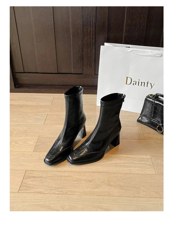 LBSFY -2025 Vintage High Heel Women Ankle Boots Fashion Square Toe Short Booties Autumn Winter Ladies Shoes Botas Mujer