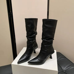 LBSFY  -  Fashion Short Boots Women New High Quality Genuine Leather Boots Wrinkled Pointed High Heels Mid heeled Boots Calf Boots