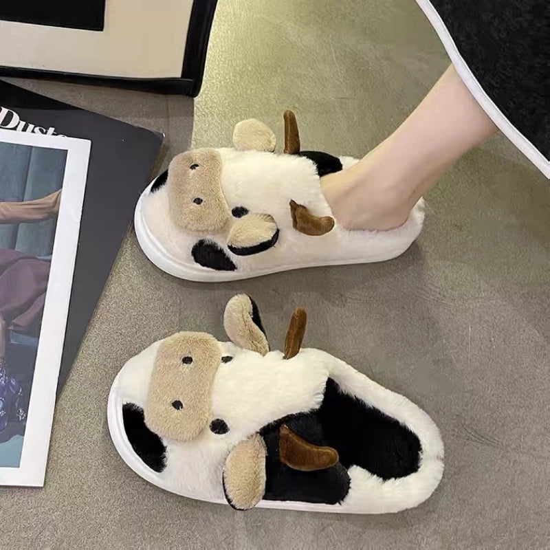 LBSFY  -  Cow plush slippers warm home slippers unisex cute cartoon cow slippers home men and women warm home cotton shoes