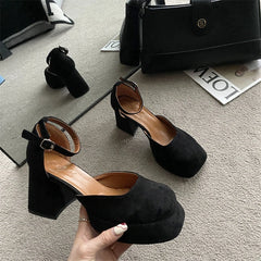 LBSFY  -   Spring New Brand Women Sandal Shoes Fashion Round Toe Close Toe Ankel Strap Mules Square High heel Dress Pumps