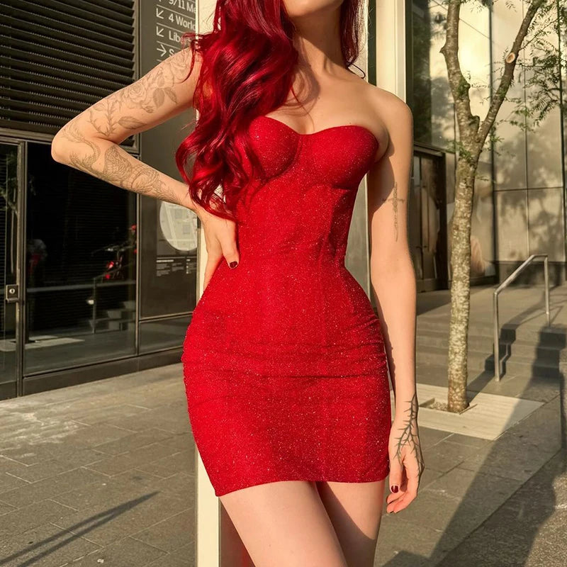 LBSFY  -  Women Elegant Shiny High Waist Slim Short Dress Fashion Bandage Backless Mini Dress Sexy Off Shoulder Strapless Club Party Dress