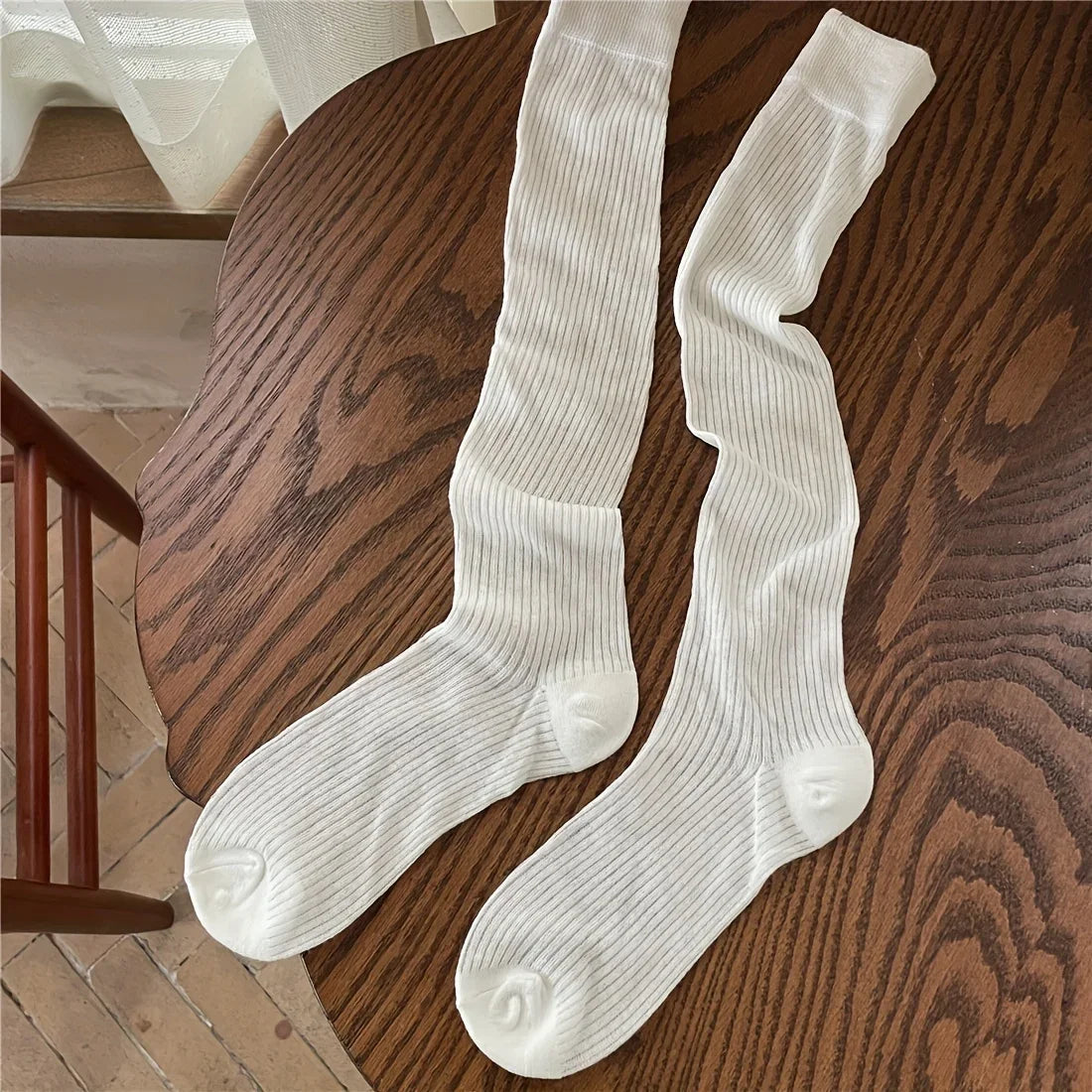 Lbsfy Women Stacking Socks Soild Color Thin Calf Long Socks Summer Autumn Vertical Stripe 스타킹d Stockings Ins Style Korean Y2k Cotton