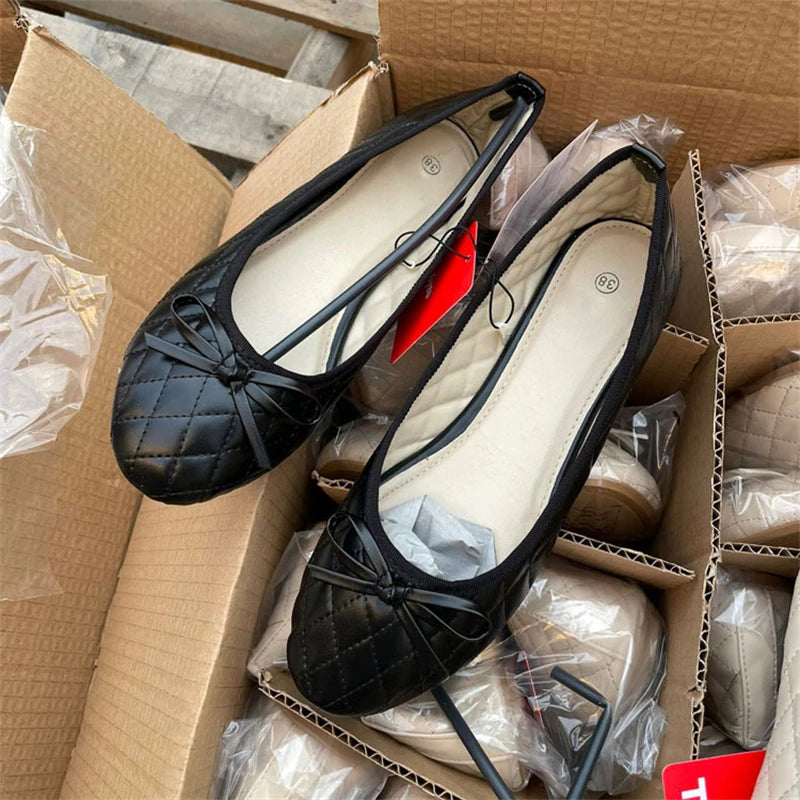 LBSFY -Spring Autumn Elegant Bowknot Ballerina Flat Women's Round Toe Comfort Slip-On Ladies Loafers Leather Single Mules Shoes