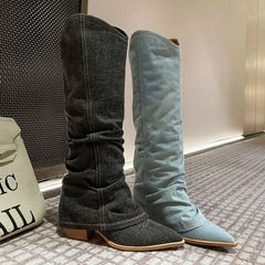 LBSFY  -   Women Blue Denim Jeans KneeHigh Boots Embroidery Sewing Trousers Pleated Boots Winter Ladies Pointy Toe Shoes