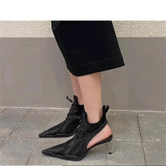 LBSFY  -  Black Elastic High Heels Women's Punk Style Knife Edge Sandals Combat Boots 2024 Spring New Pointed Toe Hollow Breathable Shoes