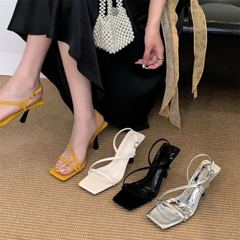 LBSFY -New Summer Fashion Square Toe Buckle Strap Sandals Women Elegant Thin Low Heels Party Stripper Shoes Pumps