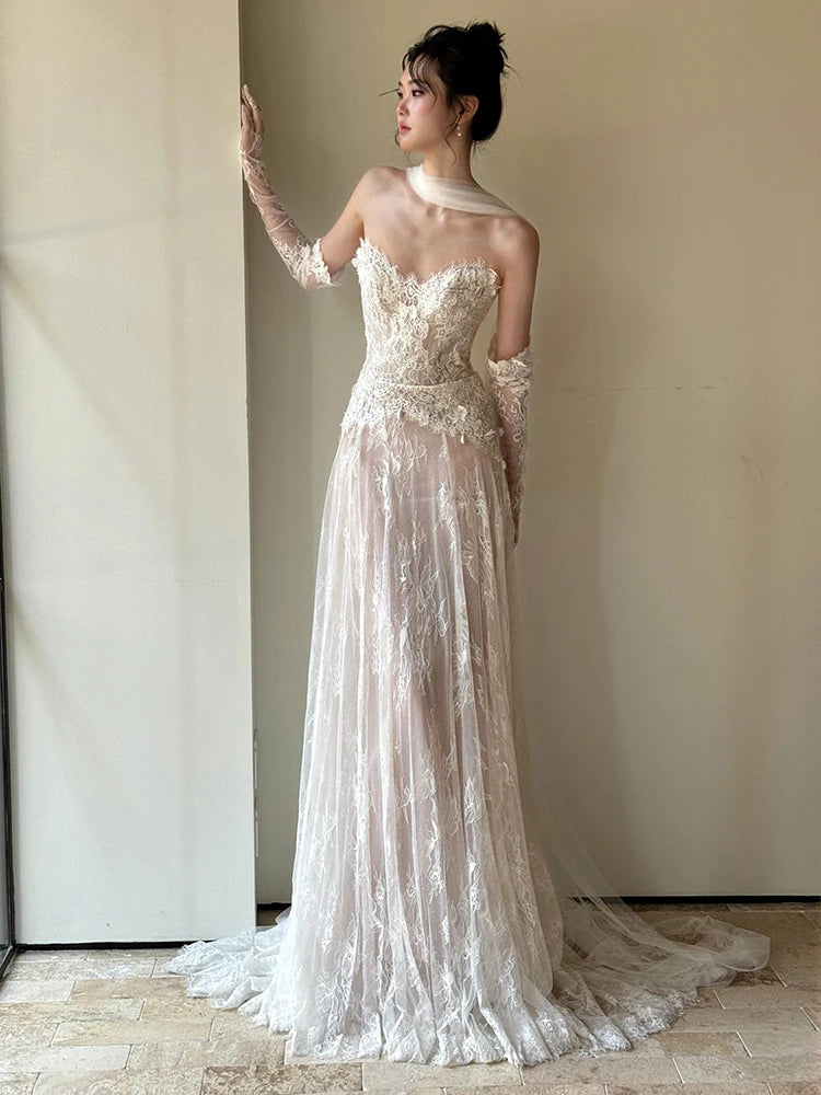 LBSFY -Strapless Wedding Dresses Sleeveless Luxury Lace Wedding Gown With Court Train Claccis A-line Brides Wedding Dresses Customized