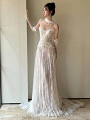 LBSFY -Strapless Wedding Dresses Sleeveless Luxury Lace Wedding Gown With Court Train Claccis A-line Brides Wedding Dresses Customized