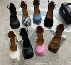 LBSFY  -   Spring New Brand Women Sandal Shoes Fashion Round Toe Close Toe Ankel Strap Mules Square High heel Dress Pumps