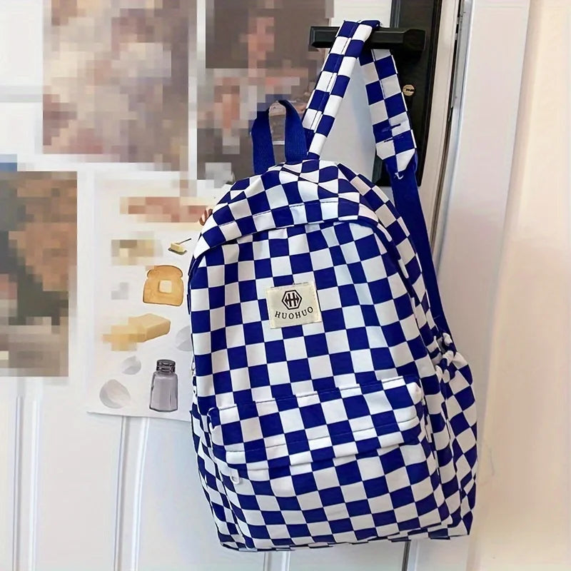 LBSFY -Leisure Backpack Korean Version Checkered Contrasting Color Design, Daily Same Class Backpack, Casual Simple Middle and High Sch