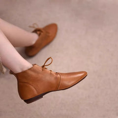 LBSFY -Women's Ankle Boots Solid Color Leather 2026 Autumn Fashion Pointed Toe Lace-up Flat Boots for Women Casual Retro Sewing Shoes