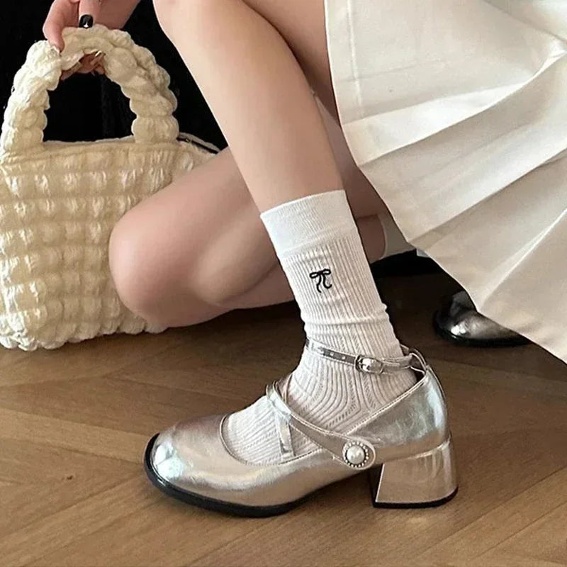 LBSFY -Ladies' Elegant  2025 Spring Style Women's Fashion One Line Buckle with Shallow Mouth Silver Mary Jane Single Shoes Square Heels