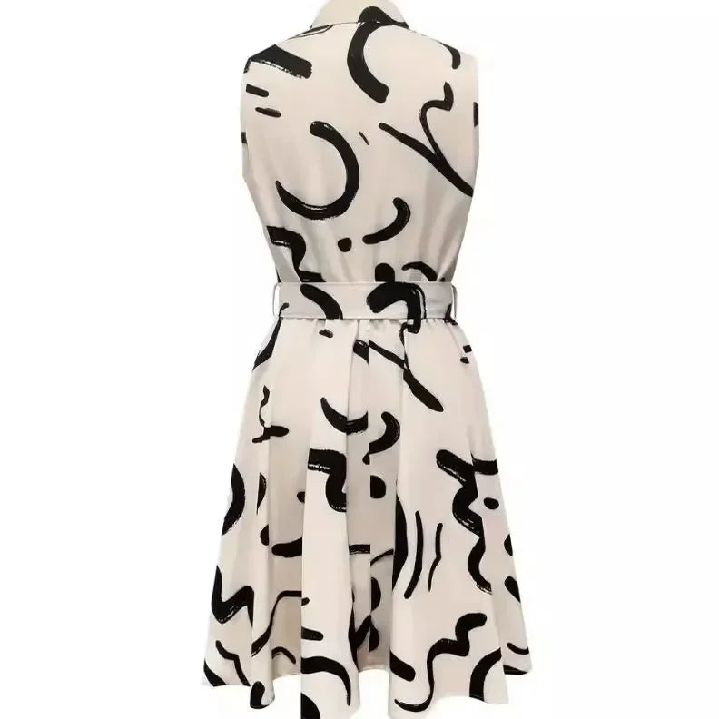 LBSFY  -  New Women's Printed Sleeveless Lace-up Dress Shirt Mini High Waist Dress Single Breasted Fashion Summer