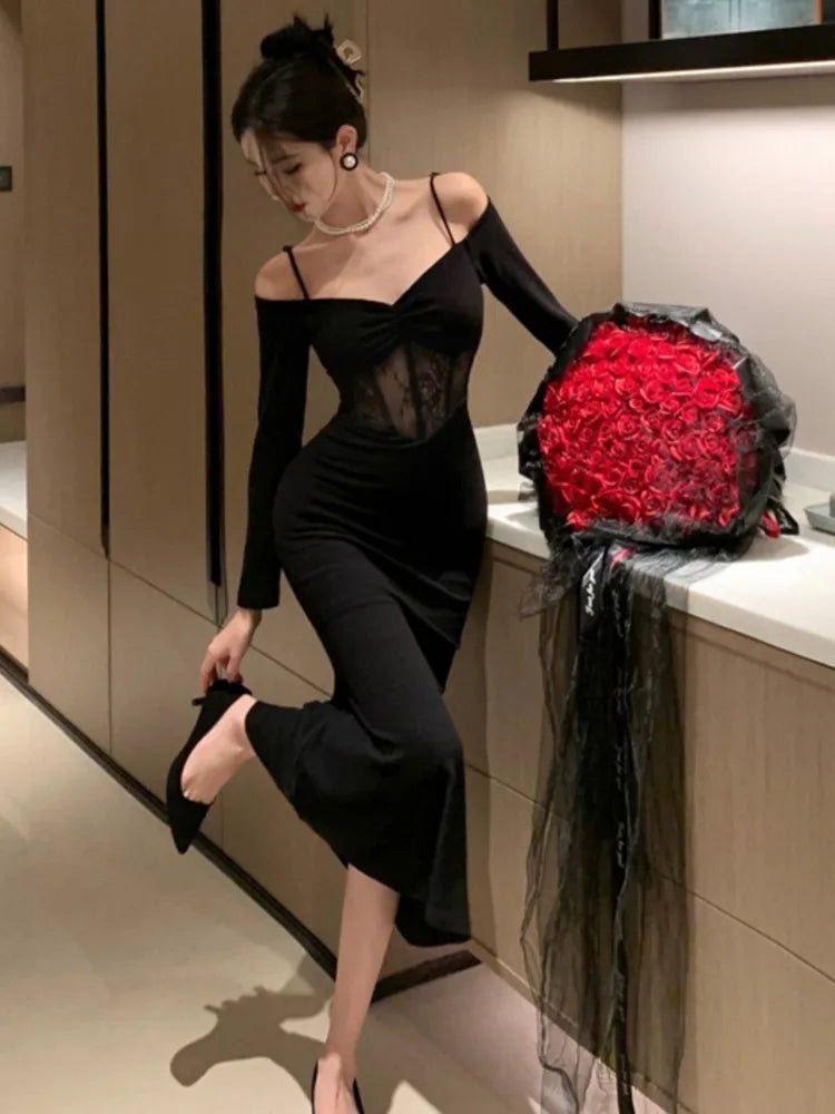 LBSFY -French Sexy Bodycon Knitted Mermaid Dresses Women Hollow Out Spaghetti Strap Corset Slim Waist Evening Party Dress Prom Vestidos