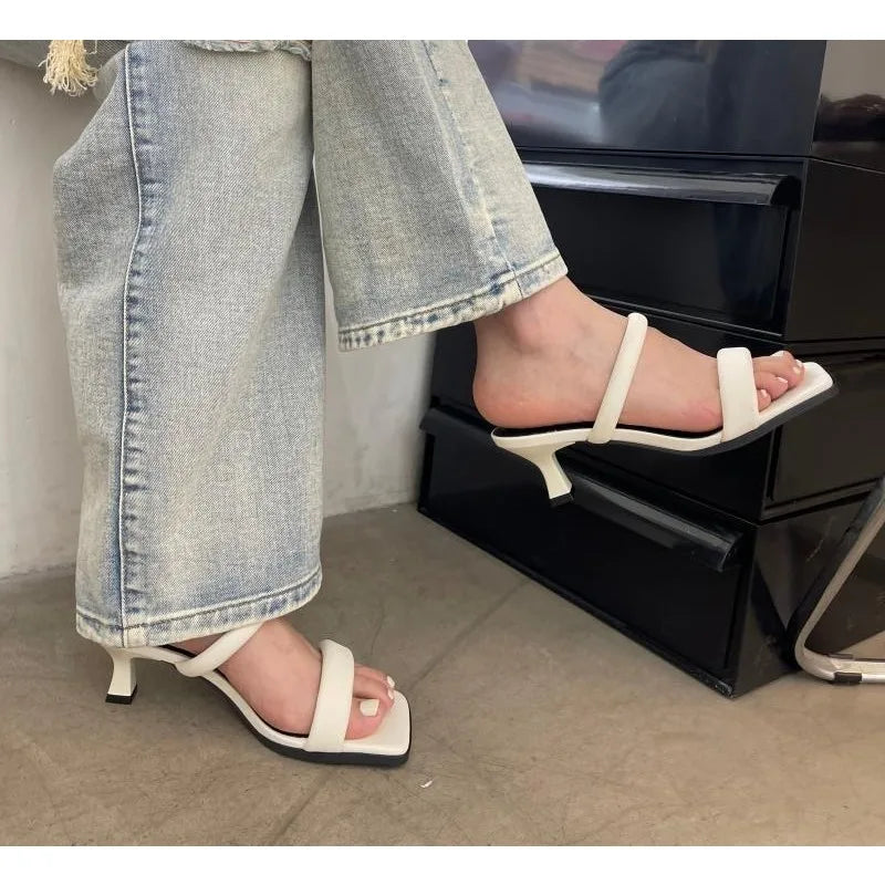 LBSFY -Open Toe High Heeled Sandals Women's Summer New Square Head Thick Heel Mid-heel Slippers