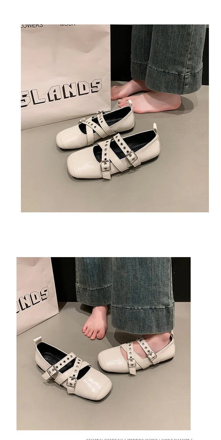 LBSFY -Designer Spring Women Mary Jane Shoes Fashion Square Toe Ladies Comfort Soft Sole Flats Women's Belt buckle Ballerinas Shoes