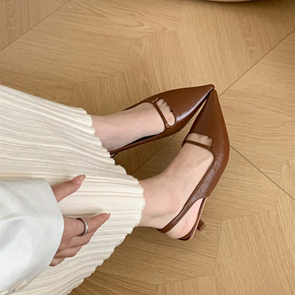 LBSFY -Brand Women Sandals Fashion Pointed Toe Shallow Slip On Slingback Shoes Thin Med Heel Outdoor Dress Shoes Mujer