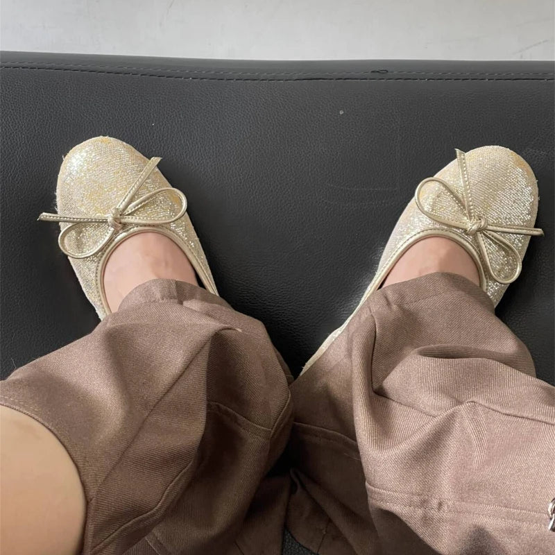 LBSFY  -  Gold Ballet Flats Summer Soft Comfortable Shallow Mary Jane Round Toe Bow Ballet Shoes Little Blue Shoes