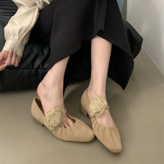 LBSFY  -  French Evening Style Low Heel Shoes with Retro Pleated Zou Design, One Line with Flowers Mary Jane Women's Shoes