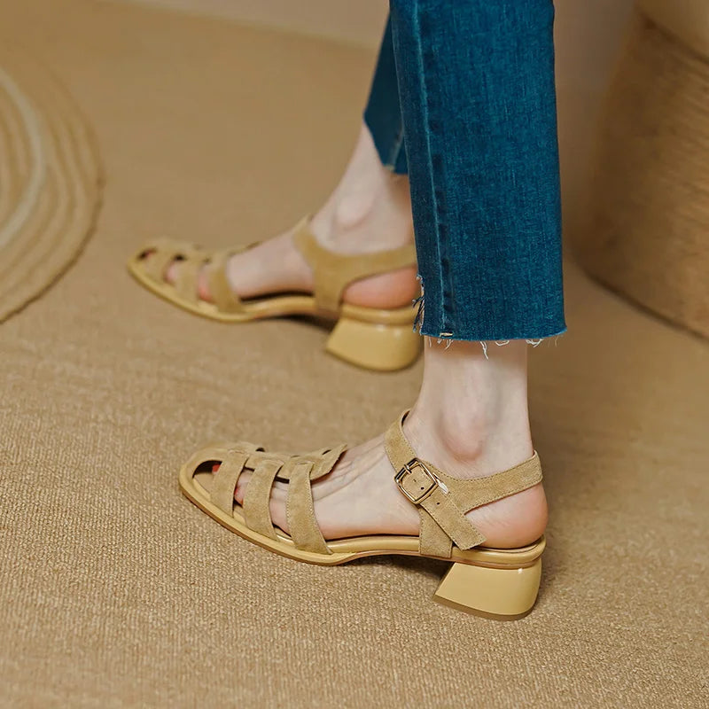 LBSFY  -  New Rome Style Fashion Women Sandals Band Genuine Leather Working Casual High Heels Summer T-Strap Pumps Shoes Woman