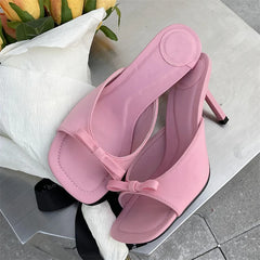 LBSFY -Summer Fashion Butterfly-knot Satin Women Slipper Slip On Ladies Sandal Thin High Heel Outdoor Dress Slides Shoes