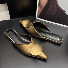 LBSFY -New Women Slippers Designer Flat Sandals Summer Slides Non-slip Metallic Color Fashion Footwear Brand Pointed Toe Mules Ladies