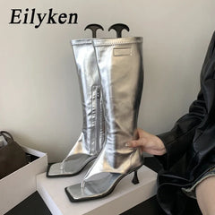 LBSFY -Spring Autumn Fashion Square Head High Women's Boots with Toe Clamp Thin Low Heels Heels Cool Boots Botas Femininas