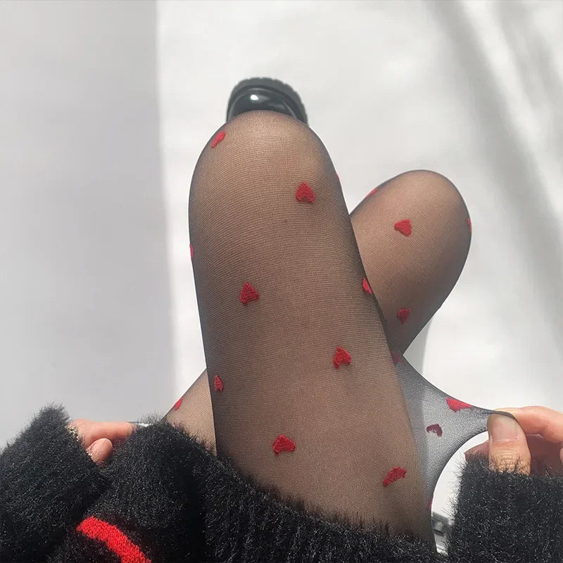 Lbsfy Pantyhose Woman Ultra thin Red Heart-shaped Dots Sexy Stockings Breathable Comfortable Long Black Stockings for Women
