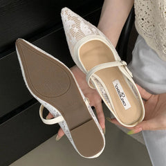 LBSFY -Fashion Hollow Out Lace Mesh Buckle Women Slippers Sandals Pointed Toe Thin Low Heels Slingback Mules Shoes Zapatos De Mujer