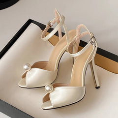 LBSFY  -High Quality Cozy Silk Peep Toe 11CM Thin Heels Gladiator Sandals Women Fashion Pearl Designer Shoes Ankle Strap Sandalias