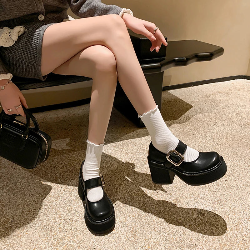 LBSFY  -  9CM High Heel Women Mary Jane Shoes Fashion Belt Buckle 2025 Spring Autumn Platform Single Shoes