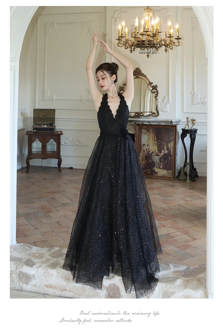 LBSFY -French Elegant Black Midi Women's Evening Dresses Mesh V-Neck Backless Halter Sequin Vestidos Spring Summer Prom Female Clothes