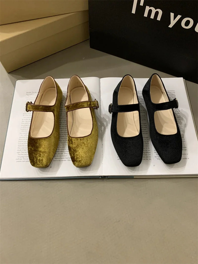 LBSFY  -  Velvet Ballet Flats For Women Buckle Round Toe Flat 2025 New Fashion Mary Janes Shoes