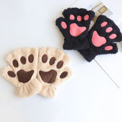 Lbsfy 1Pair Girl Lovely Bear Plush Cat Paw Claw Gloves Winter Faux Fur Kitten Fingerless Mittens for Women Christmas Halloween Gloves