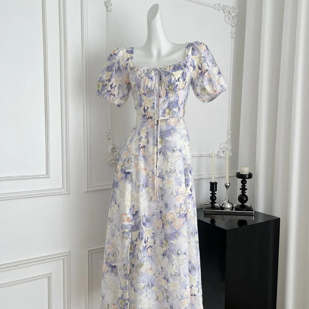LBSFY -Women's French Print Dresses Casual New Elegant Vintage Square-Collar Floral A-Line Slim Puff-Sleeve Dress Holiday Summer Chic