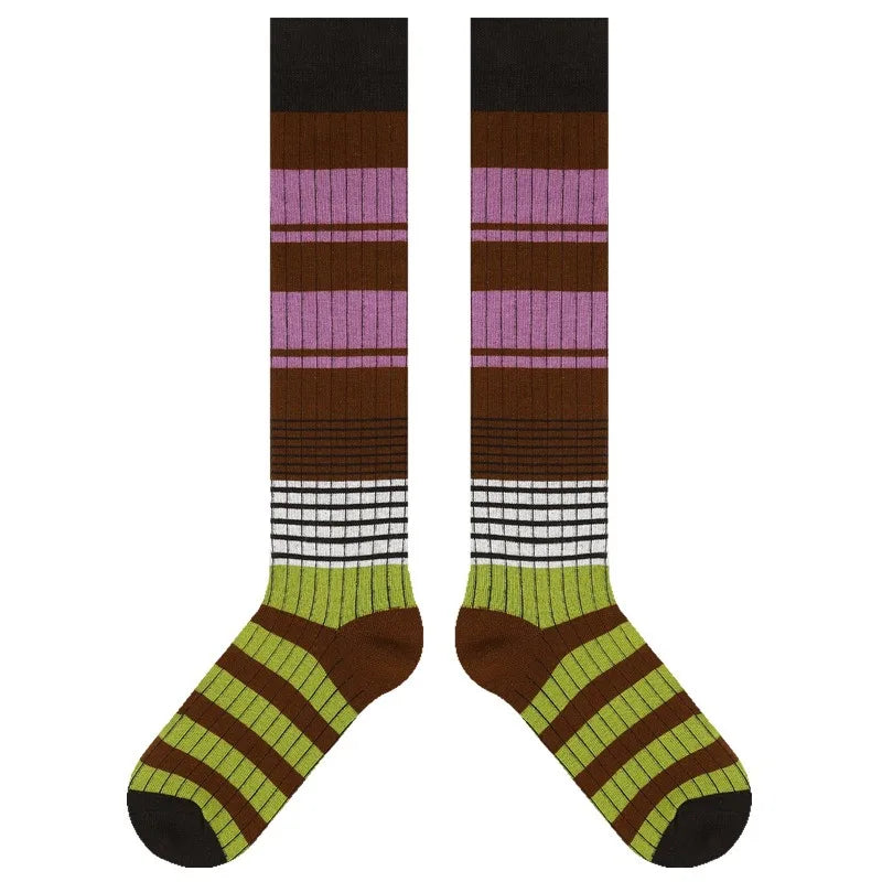 Lbsfy Women Winter Knee-high Stockings Fashion Colorful Stripes Long Sock Female Sports Cotton Stocking Japanese Student Socks Woman