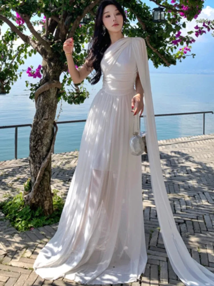 LBSFY -French Retro Goddess Elegant Dresses For Woman White Single-Shoulder Flowy Strap Long Dress Fashion Vacation Holiday New 2025