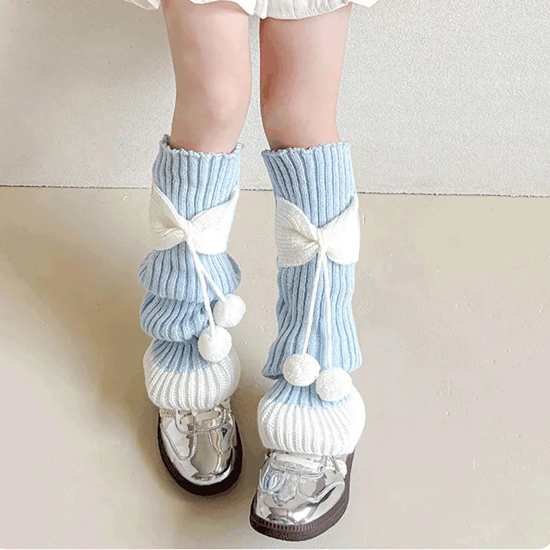 Lbsfy New Children Sweet Bowknot Leg Warmers Lolitas Knitted Socks for Girls Warm Foot Cover Cute Ballet Guards Socks Long Stockings
