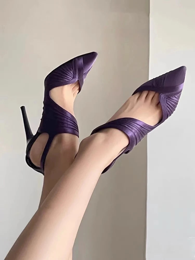 LBSFY  -  Sexy Purple Pointed Toe Sandals Back Zip Stiletto Heels Satin Cutouts Wrinkles Pumps Vintage Elegant Ladies Dress Party Shoes