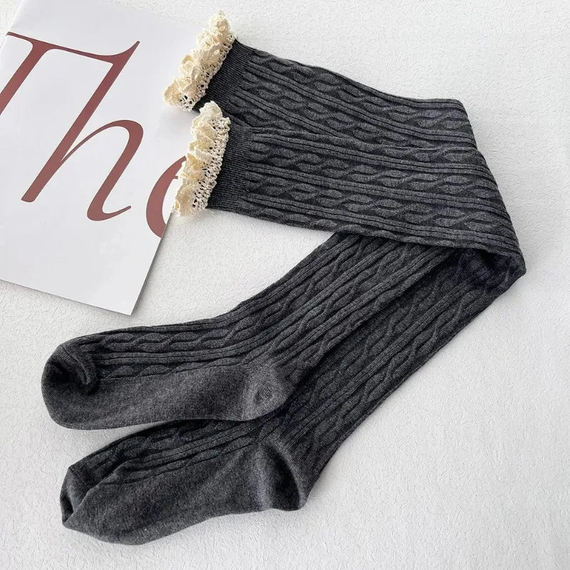Lbsfy Lolita Lace Up Long Knee Socks for Women Over Knee Thigh High Stockings Spring Autumn Fashion Girls Warm Sexy Cotton JK Tights