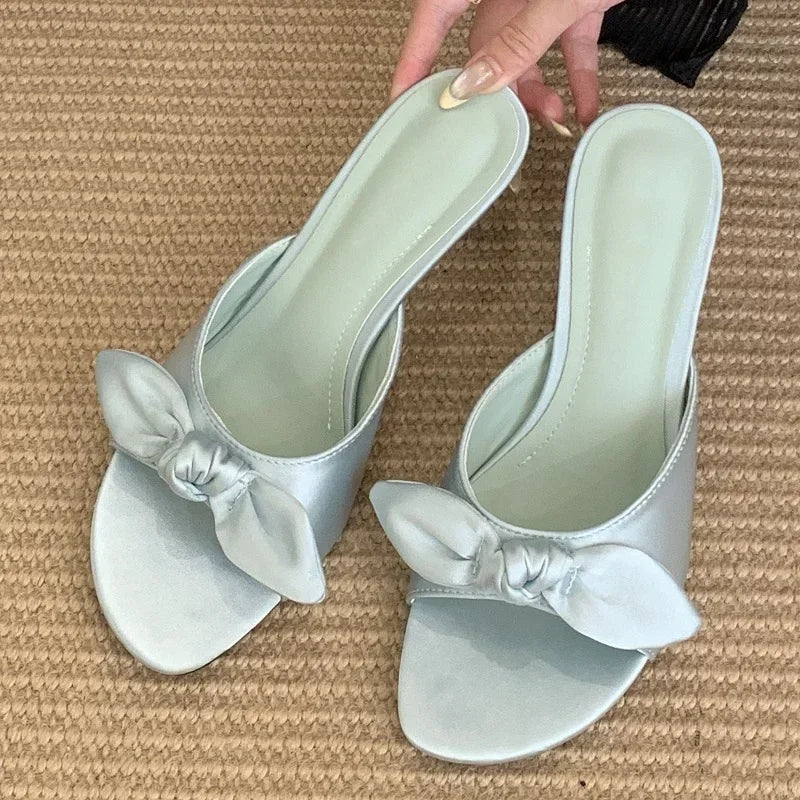 LBSFY -Satins Butterfly-knot Open Toe Women Slippers Fashion Thin Heels Sandals Summer Casual Party Dress Slide Shoes