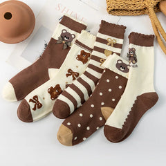 Lbsfy Ruffled Socks Women's Mid-tube Striped Dot Socks Spring Autumn Cotton Japanese Style Cute Kawaii Cartoon Bear Ladies Sports Soks
