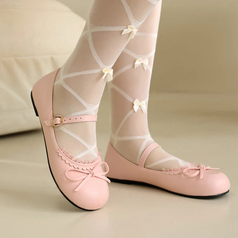 LBSFY  - Spring Autumn Pink White Mary Janes Flat Shoes Woman Round Toe Buckle Strap Lolita Girls Student Ballet Flats Plus Size 43 44 45