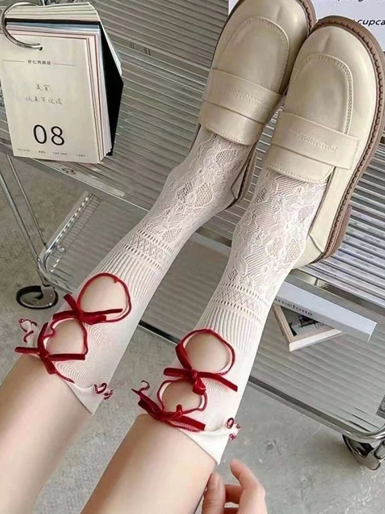 Lbsfy 1 Pair Hollow Lace Women Long Stockings Fashionable Versatile Knotted White Lolita Style Comfortable Breathable Casual Socks