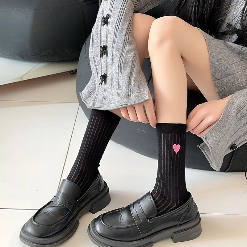 Lbsfy Women Socks Cotton Female Japanese Sweet Style Love Embroidered Mid-tube Spring Summer Thin Cute Girls Solid Color Stripe Socks