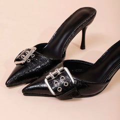 LBSFY -Pointed Toe Women's Mules Shoes Belt Buckle Black Patent Leather Stiletto High Heels Fashion Designer Summer Sandals for Ladies