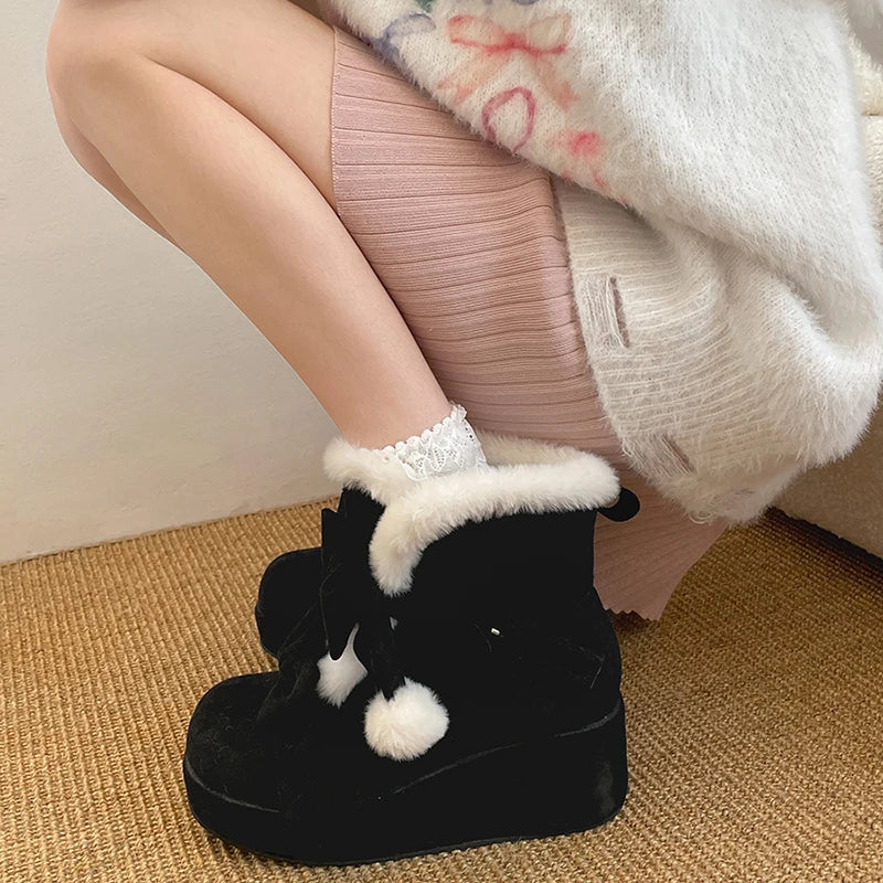 LBSFY  -  Winter Lolita Style Warm Plush Women Snow Boots Fashion Platform Thick Heel Short Booties Casual Comfort Cotton Shoes