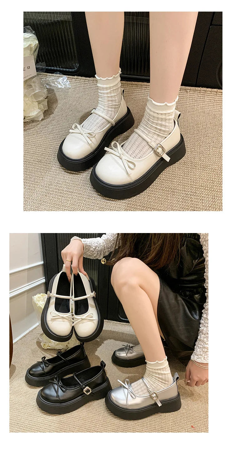 LBSFY -French bowknot Mary Jane Platform Shoes Woman 2025Buckle Strap Pu Leather Casual Shoes Woman Thick Sole Student Jk Uniform Shoes